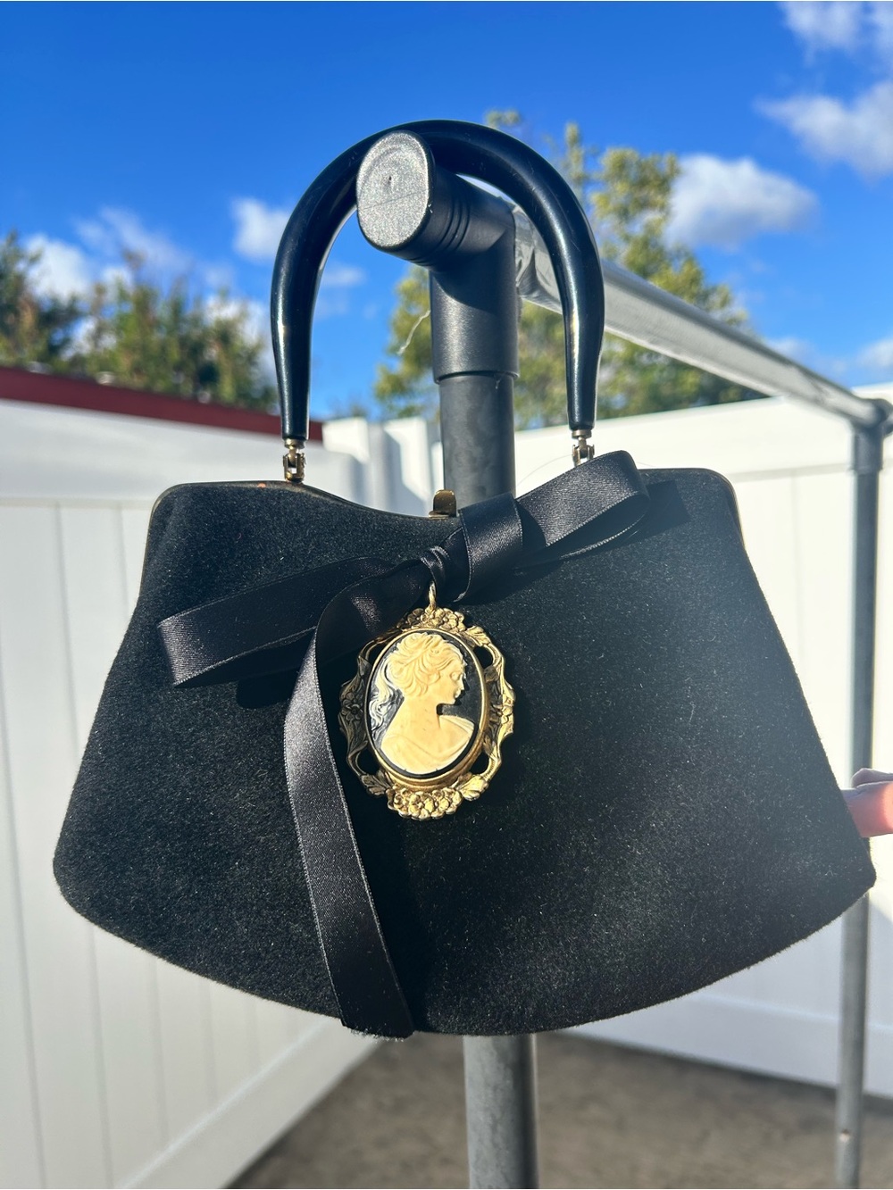 Black Velvet Mini Top-Handle Bag with Gold Cameo Charm